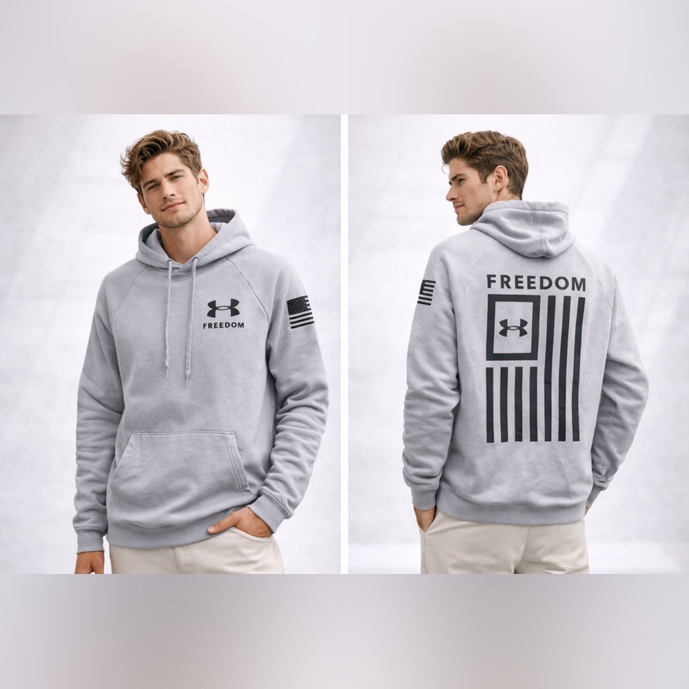 Under Armour Freedom Flag Hoodie Gray UA Rival Fleece Pullover Patriotic Graphic